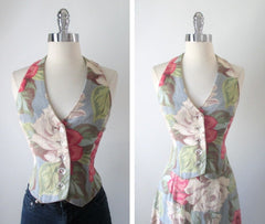 • 40's 70's Roses Barkcloth High Waist Skirt Halter Vest Top Dress 2 Piece Set XS - Bombshell Bettys Vintage