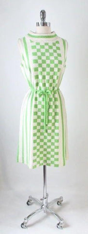 Vintage 60's Lime Green MOD Block Checkerboard Stripe Knit Sweater Shift Dress M