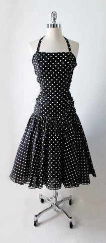 Vintage 50's Inspired 80's Black White Polka Dot Full Skirt Halter Dress M