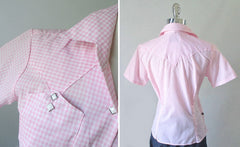 Pink Gingham Original 50's Style Rockmount Ranchwear Western Shirt Top Blouse L - Bombshell Bettys Vintage