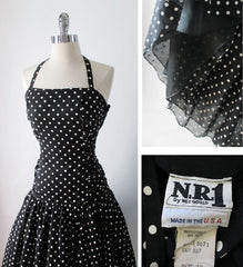 Vintage 50's Inspired 80's Black White Polka Dot Full Skirt Halter Dress M - Bombshell Bettys Vintage
