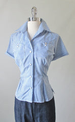Blue White Gingham Authentic 50's Style Rockmount Western Top Shirt Blouse S - Bombshell Bettys Vintage