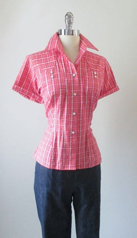 Vintage 50's Original Style Pink Plaid Seersucker Rockmount Western Shirt Blouse Top L