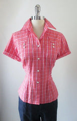 Vintage 50's Original Style Pink Plaid Seersucker Rockmount Western Shirt Blouse Top L - Bombshell Bettys Vintage
