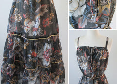 • Vintage 70's Sheer Black Tapestry Flower Summer Sun Dress M - Bombshell Bettys Vintage