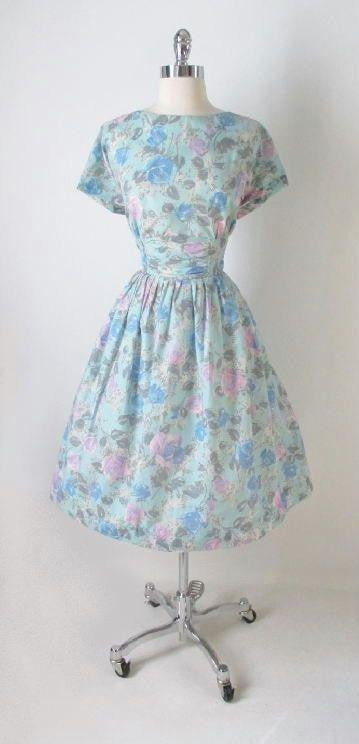 Vintage 50's Aqua Pink Blue Rose Buckle Back Full Swing Skirt Tea Party Dress M - Bombshell Bettys Vintage