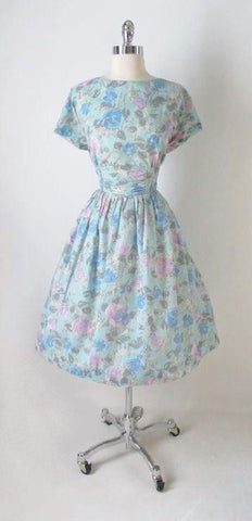 Vintage 50's Aqua Pink Blue Rose Buckle Back Full Swing Skirt Tea Party Dress M