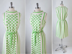 Vintage 60's Lime Green MOD Block Checkerboard Stripe Knit Sweater Shift Dress M - Bombshell Bettys Vintage