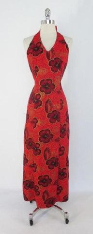 Vintage 70's Red Gold Tropical Flower Hawaiian Full Length Maxi Halter Dress S