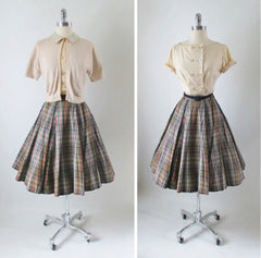 • Vintage 50's Plaid Full Swing Skirt Matching Blouse Top Sweater Girl Set S - Bombshell Bettys Vintage
