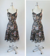 • Vintage 70's Sheer Black Tapestry Flower Summer Sun Dress M - Bombshell Bettys Vintage