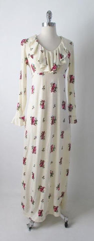 • Vintage 70's Antique White Renn Revival Birds Poet Dress M