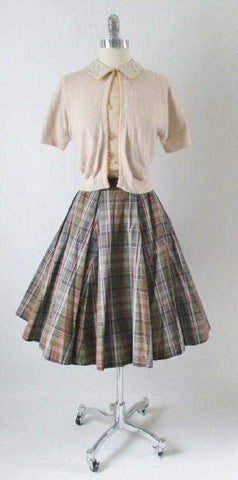 • Vintage 50's Plaid Full Swing Skirt Matching Blouse Top Sweater Girl Set S