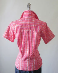 Vintage 50's Original Style Pink Plaid Seersucker Rockmount Western Shirt Blouse Top L - Bombshell Bettys Vintage