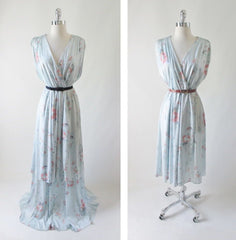 • Vintage 70's Blue Floral Draped Goddess Dress & Skirt Matching Set M - Bombshell Bettys Vintage