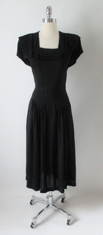 Vintage 40's Black Layered Deco Collar Rayon Swing Skirt Day Dress S