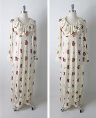 • Vintage 70's Antique White Renn Revival Birds Poet Dress M - Bombshell Bettys Vintage