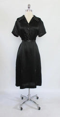 Vintage 30's Black Satin White Polka Dot Rayon Day Dress L - Bombshell Bettys Vintage