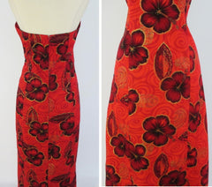 Vintage 70's Red Gold Tropical Flower Hawaiian Full Length Maxi Halter Dress S - Bombshell Bettys Vintage