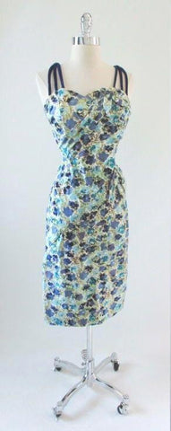 • Vintage 50's Alix Of Miami Blue Flower Wiggle Dress 3D Accents M