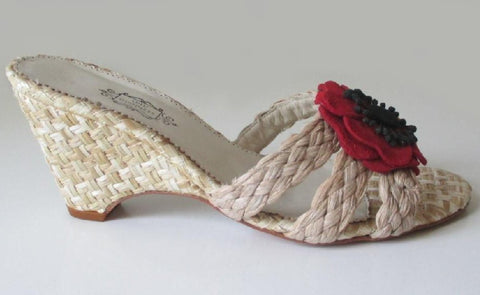 • Lulu Guinness Raffia & Red Flower Straw Wedge Sandal Shoes Heels 38 8