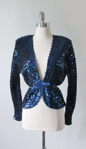 Vintage 70's Blue Sequins Peplum Evening Jacket S / M