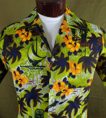 Rare Vintage Waikiki 76 Green Tiki Beach Scene Print Hawaiian Aloha Shirt – M - Bombshell Bettys Vintage