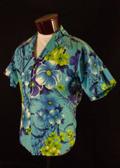 Vintage 50s 60s Blue Paradise Hawaii Floral Print Hawaiian Shirt - Bombshell Bettys Vintage