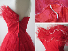 • Vintage 50's Red Strapless Full Skirt Party Dress Gown XS - Bombshell Bettys Vintage