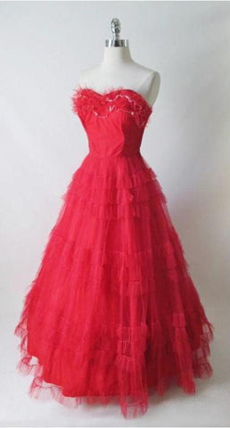 • Vintage 50's Red Strapless Full Skirt Party Dress Gown XS