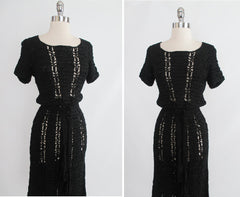 Vintage 40's Black Hand Crochet Knit Ribbon Dress S - Bombshell Bettys Vintage