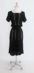 Vintage 40's Black Hand Crochet Knit Ribbon Dress S - Bombshell Bettys Vintage