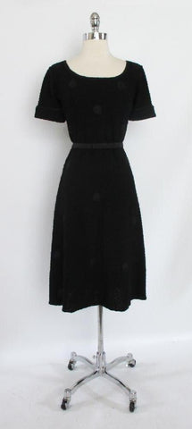 Vintage 40's Black With Knit Ribbon Polka Dots Dress L