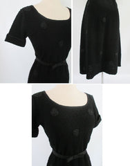 Vintage 40's Black With Knit Ribbon Polka Dots Dress L - Bombshell Bettys Vintage