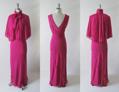 Vintage 40's Chiffon Evening Gown Matching Accordion Pleated Capelet S - Bombshell Bettys Vintage