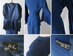Vintage 40's Lilli Ann Royal Blue Accordion Bell Sleeves Wool Suit XS - Bombshell Bettys Vintage