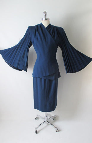 Vintage 40's Lilli Ann Royal Blue Accordion Bell Sleeves Wool Suit XS