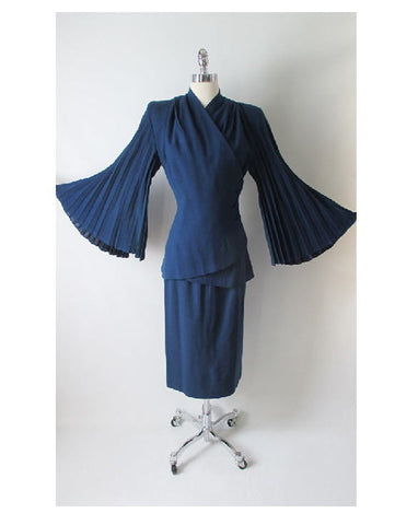 Vintage 40's Lilli Ann Royal Blue Accordion Bell Sleeves Wool Suit XS