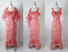 Vintage 50's Pink Lace Mermaid Hem Party Dress Matching Wrap Gown S - Bombshell Bettys Vintage