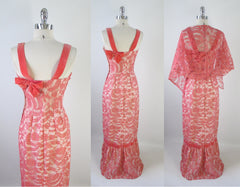 Vintage 50's Pink Lace Mermaid Hem Party Dress Matching Wrap Gown S - Bombshell Bettys Vintage