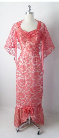 Vintage 50's Pink Lace Mermaid Hem Party Dress & Wrap Gown S