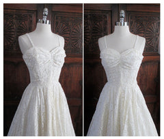 • Vintage 40's White Lace Full Skirt Halter Dress S - Bombshell Bettys Vintage