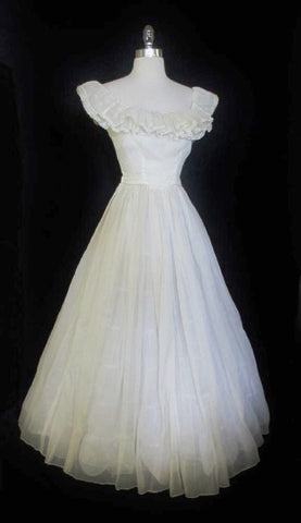 Vintage 40's Sheer White Organdy Full Skirt Evening Wedding Gown Party Dress S