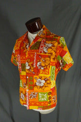 Vintage Red Orange & White Barkcloth Colorblock Hawaiian Shirt 44 - Bombshell Bettys Vintage