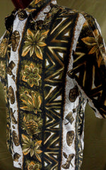 Vintage 60s Ui-Maikai Tribal Tiki Print Hawaiian Aloha Shirt 46 - Bombshell Bettys Vintage