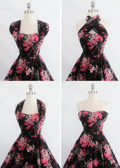 • Vintage 50's  Black /  Pink Plumeria Kamehameha Hawaiian Halter Full Skirt Swing Dress - Bombshell Bettys Vintage