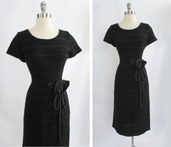 Vintage 50's Black Knit Ribbon Dress With Taffeta Rosette M - Bombshell Bettys Vintage