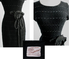 Vintage 50's Black Knit Ribbon Dress With Taffeta Rosette M - Bombshell Bettys Vintage