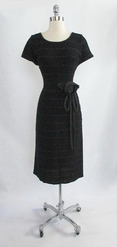 Vintage 50's Black Knit Ribbon Dress With Taffeta Rosette M