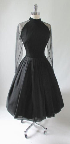 • Vintage 50's Sheer Black Silk Chiffon Cocktail Party Dress S